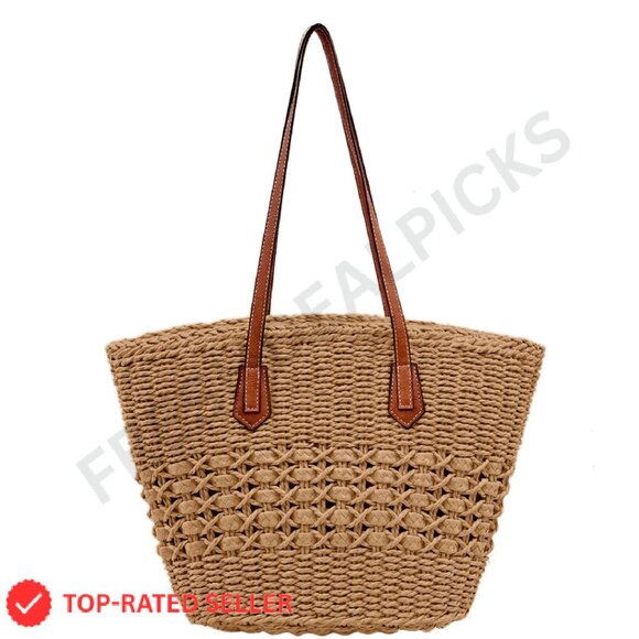 Handbags - Straw Woven Tote Handbag Summer Vacation Travel Boho Chic Shoulder Bag